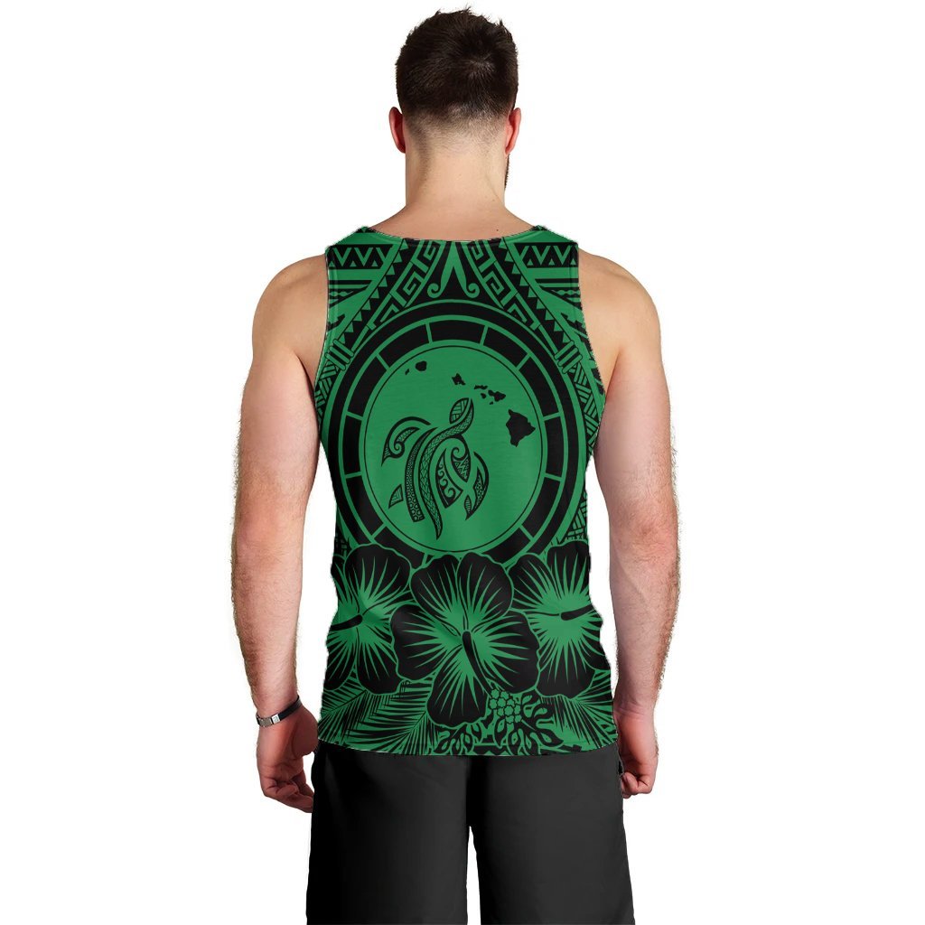 Hawaiian Map Honu Hibiscus Tropic Green Polynesian Tank Top - AH - Polynesian Pride