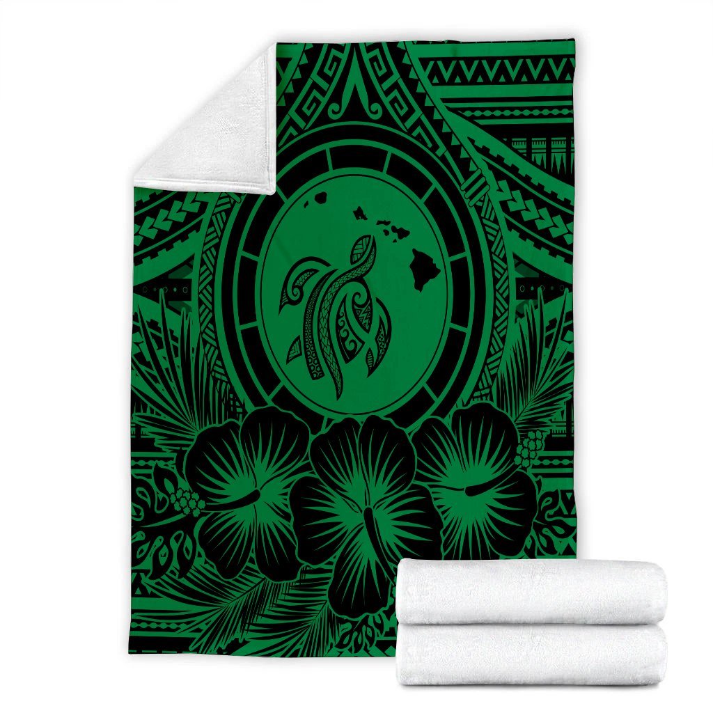 Hawaiian Map Honu Hibiscus Tropic Green Polynesian Premium Blankets - AH - Polynesian Pride
