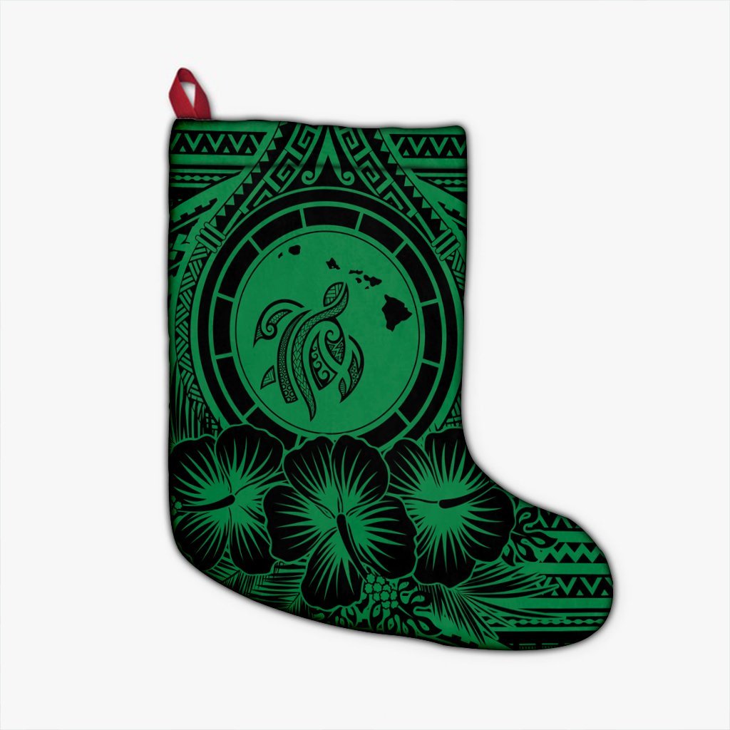 Hawaiian Map Honu Hibiscus Tropic Green Polynesian Christmas Stocking - AH Christmas Stocking 26 X 42 cm Black - Polynesian Pride