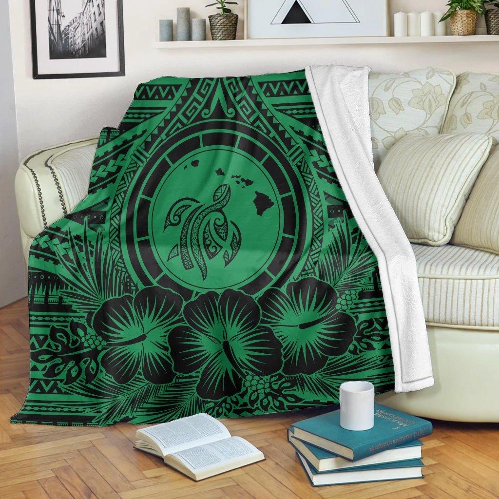 Hawaiian Map Honu Hibiscus Tropic Green Polynesian Premium Blankets - AH White - Polynesian Pride