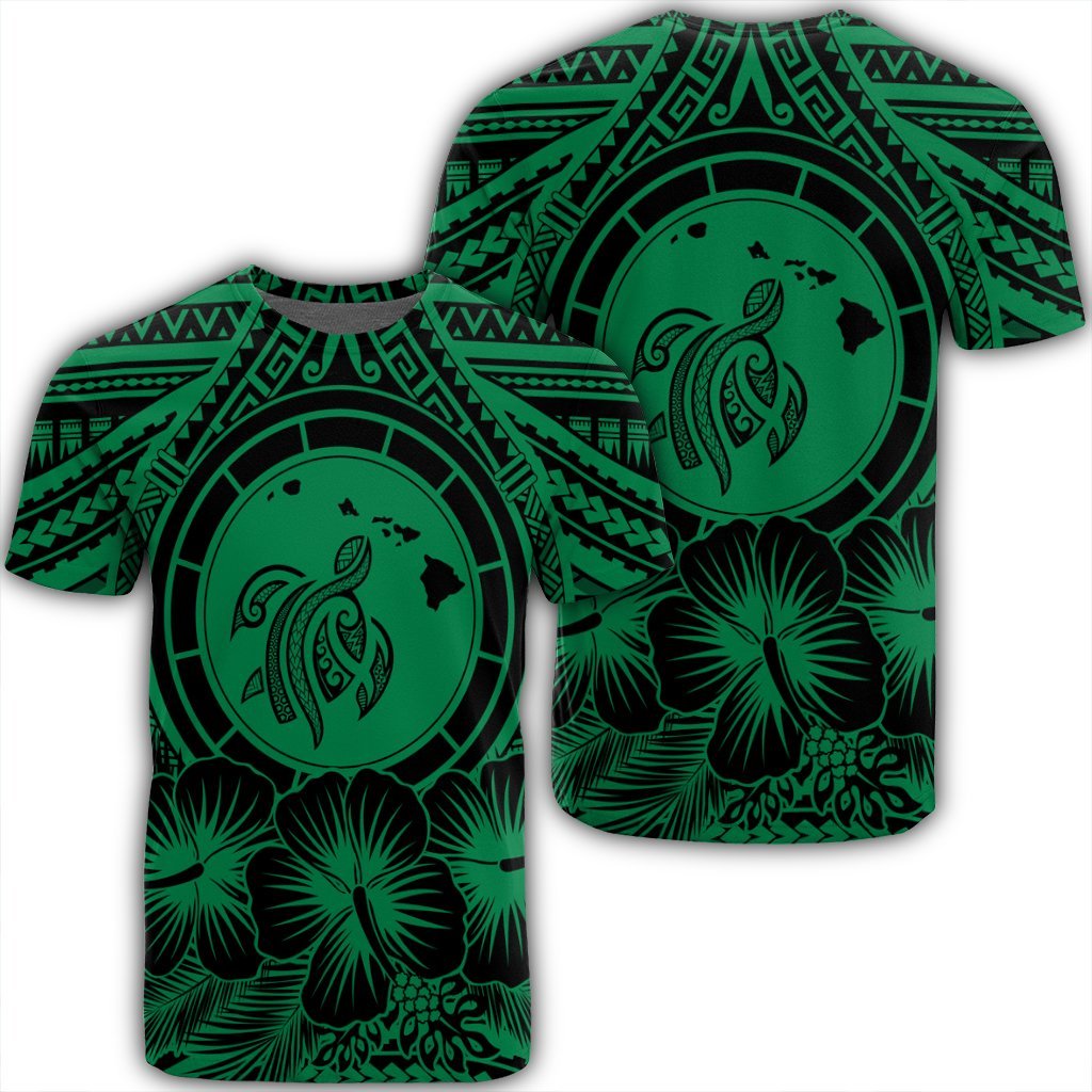 Hawaiian Map Honu Hibiscus Tropic Green Polynesian T Shirt Unisex Black - Polynesian Pride