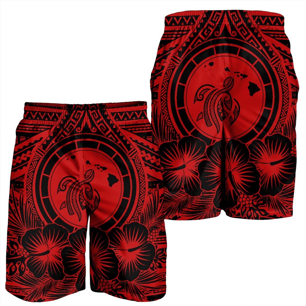 Hawaiian Map Honu Hibiscus Tropic Red Polynesian Men's Shorts - AH - Polynesian Pride