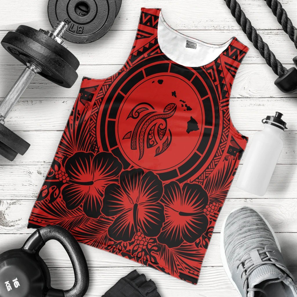 Hawaiian Map Honu Hibiscus Tropic Red Polynesian Tank Top - AH - Polynesian Pride
