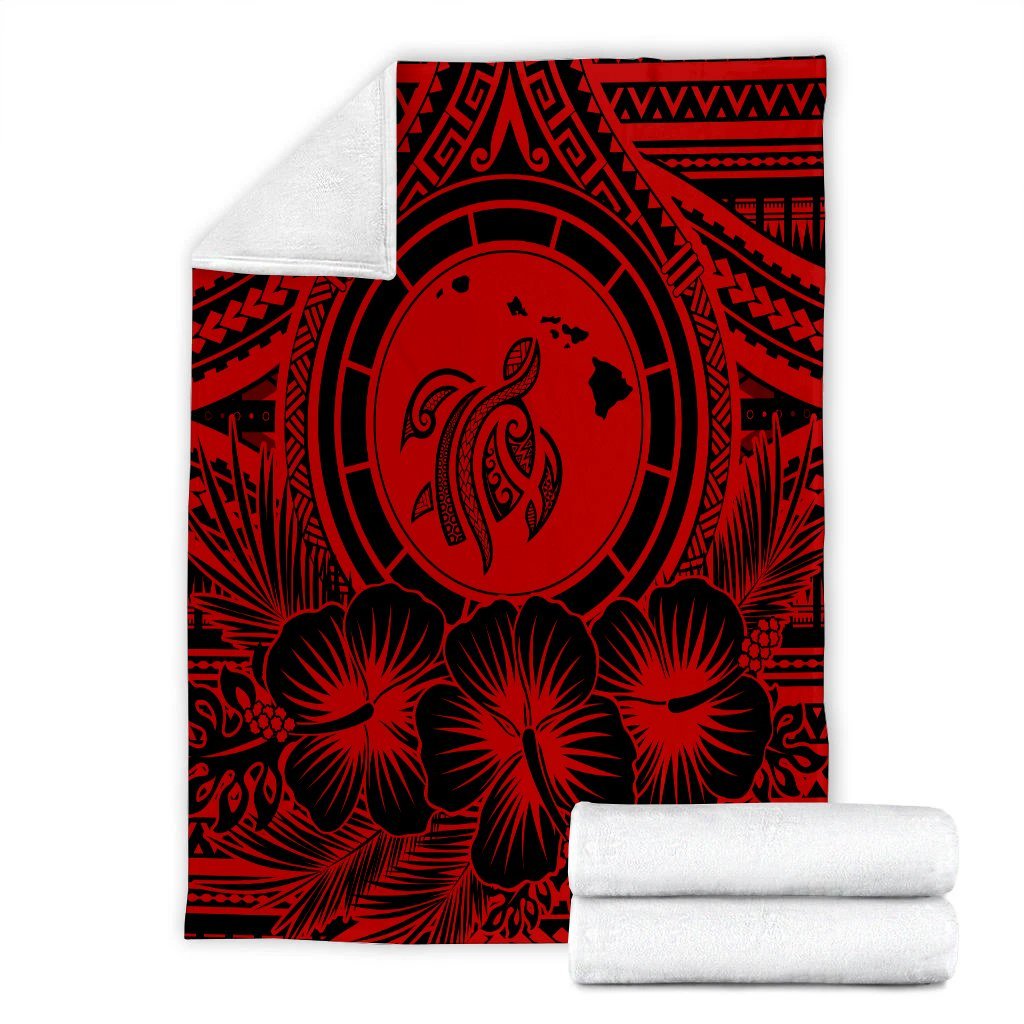 Hawaiian Map Honu Hibiscus Tropic Red Polynesian Premium Blankets - AH - Polynesian Pride