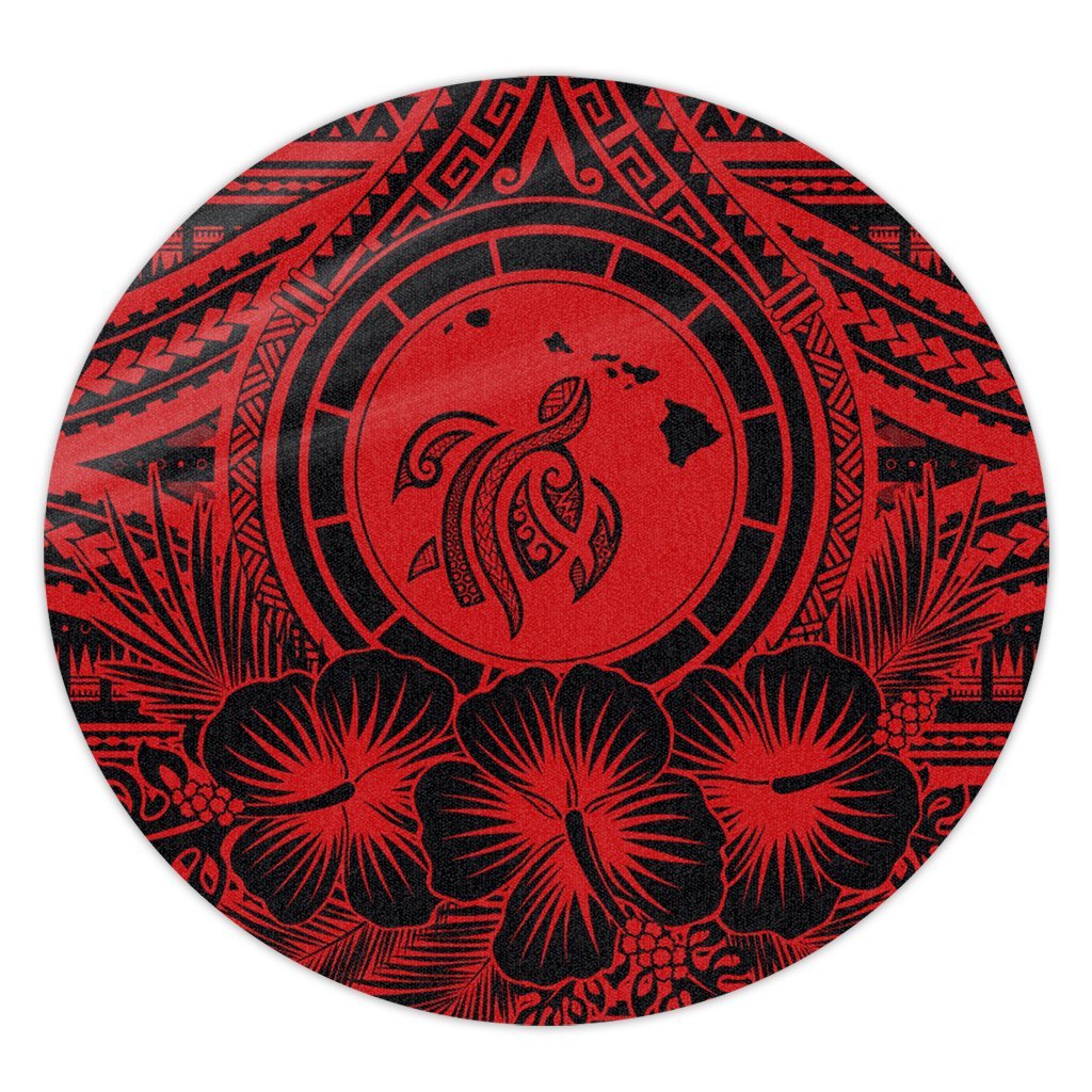 Hawaiian Map Honu Hibiscus Tropic Red Polynesian Round Carpet - AH Round Carpet Luxurious Plush - Polynesian Pride