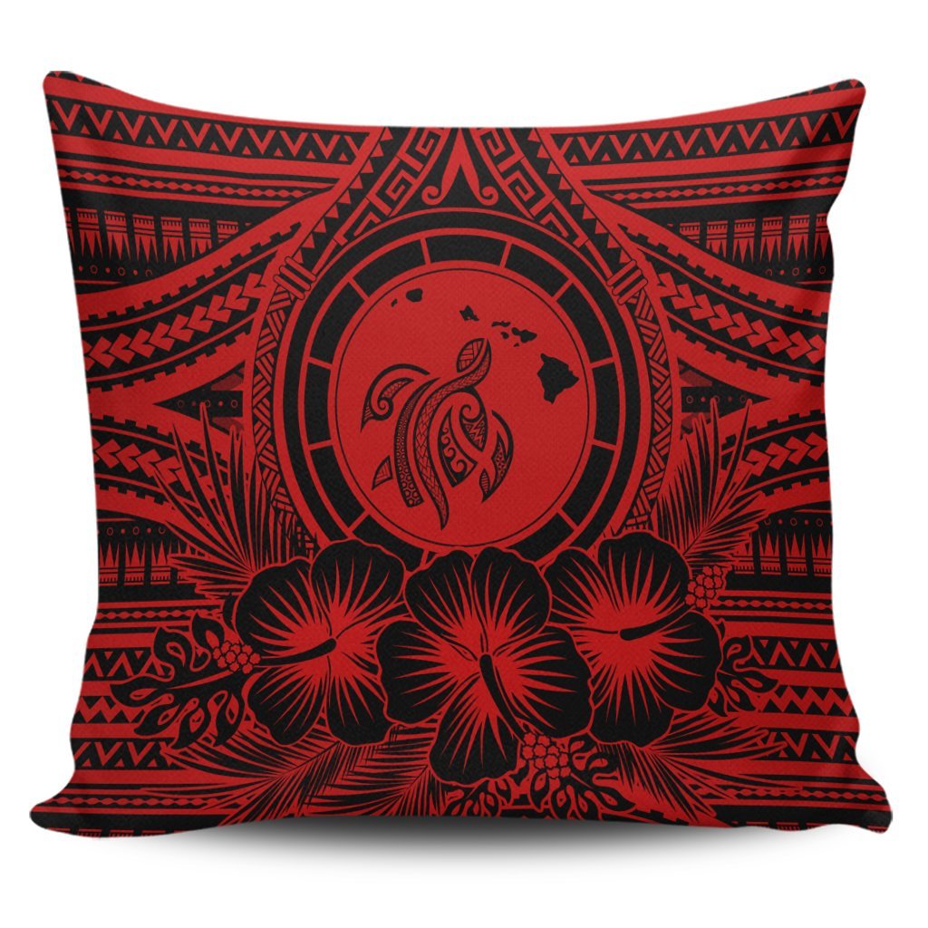 Hawaiian Map Honu Hibiscus Tropic Red Polynesian Pillow Covers - AH Pillow Covers Black - Polynesian Pride