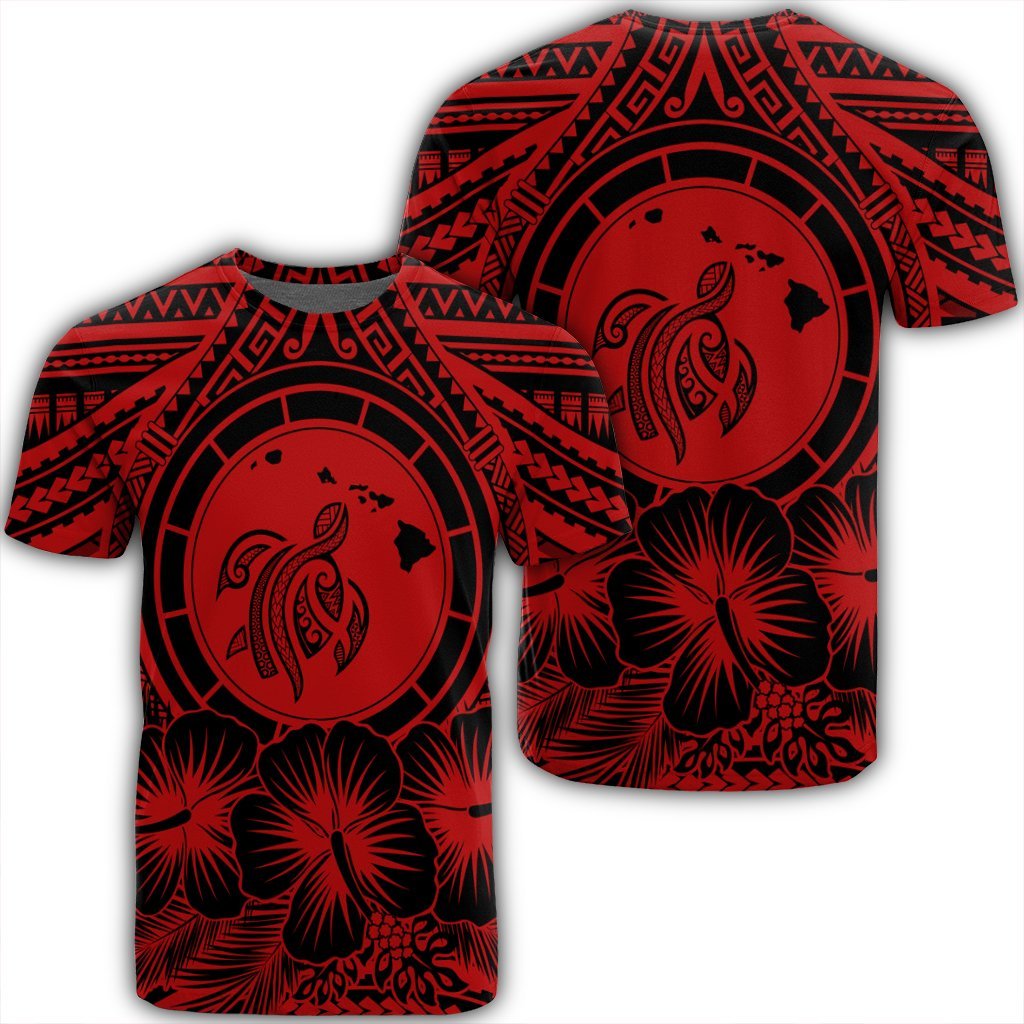 Hawaiian Map Honu Hibiscus Tropic Red Polynesian T Shirt Unisex Black - Polynesian Pride