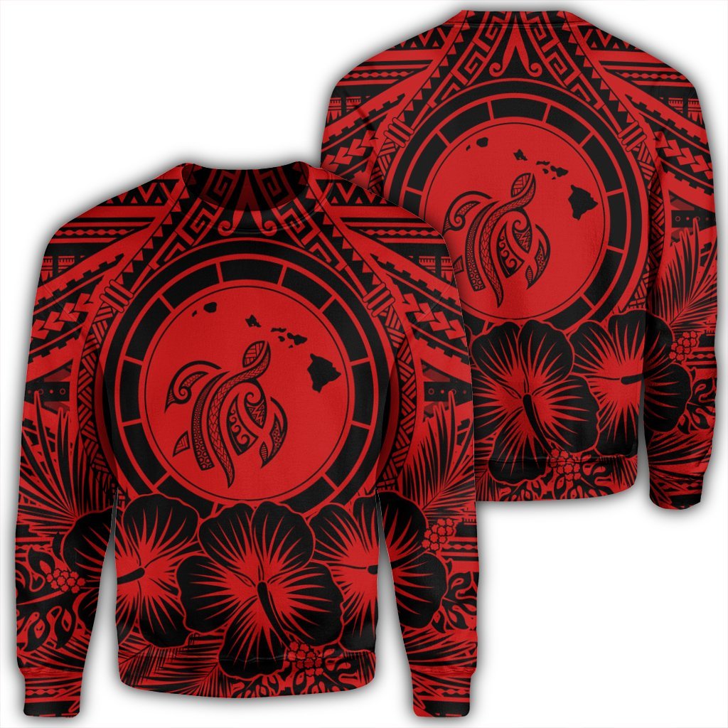 Hawaiian Map Honu Hibiscus Tropic Red Polynesian Sweatshirt - AH Unisex Black - Polynesian Pride