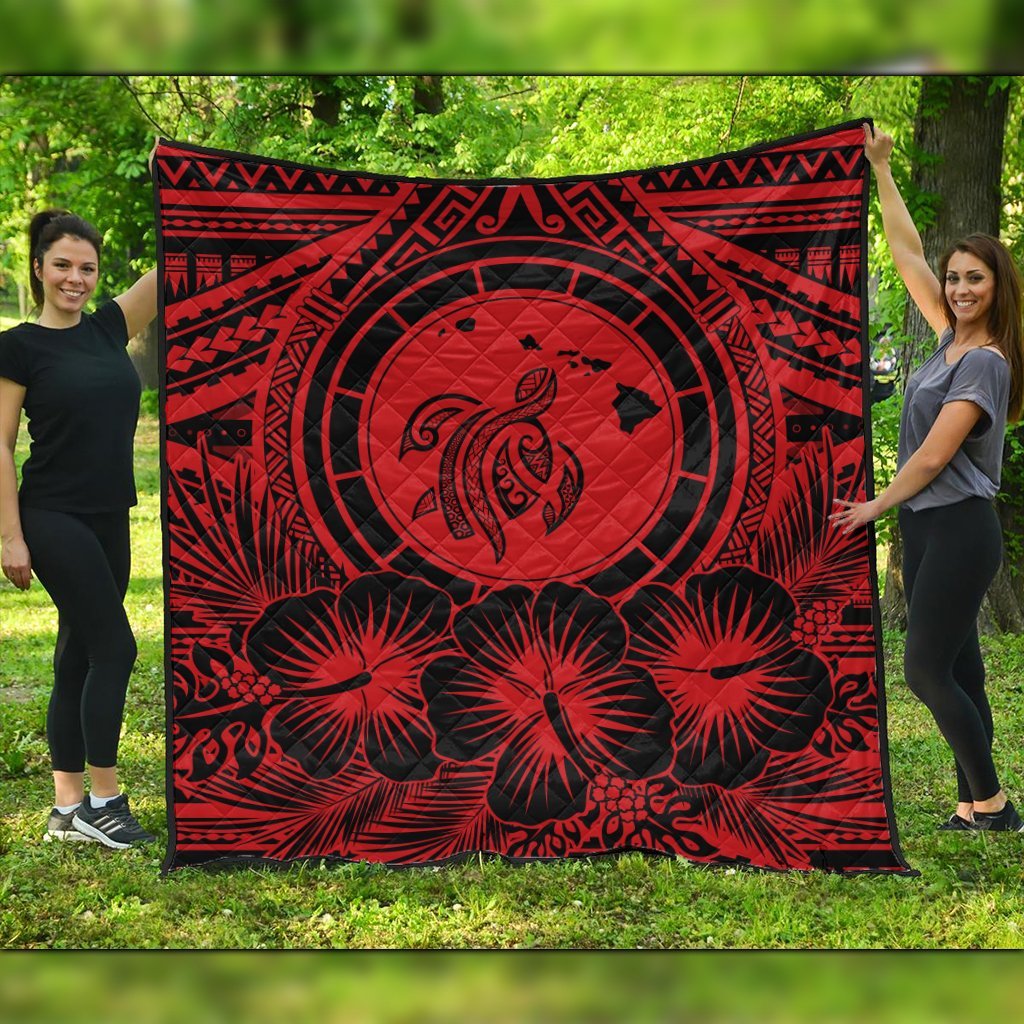 Hawaiian Map Honu Hibiscus Tropic Red Polynesian Premium Quilts - AH Black - Polynesian Pride