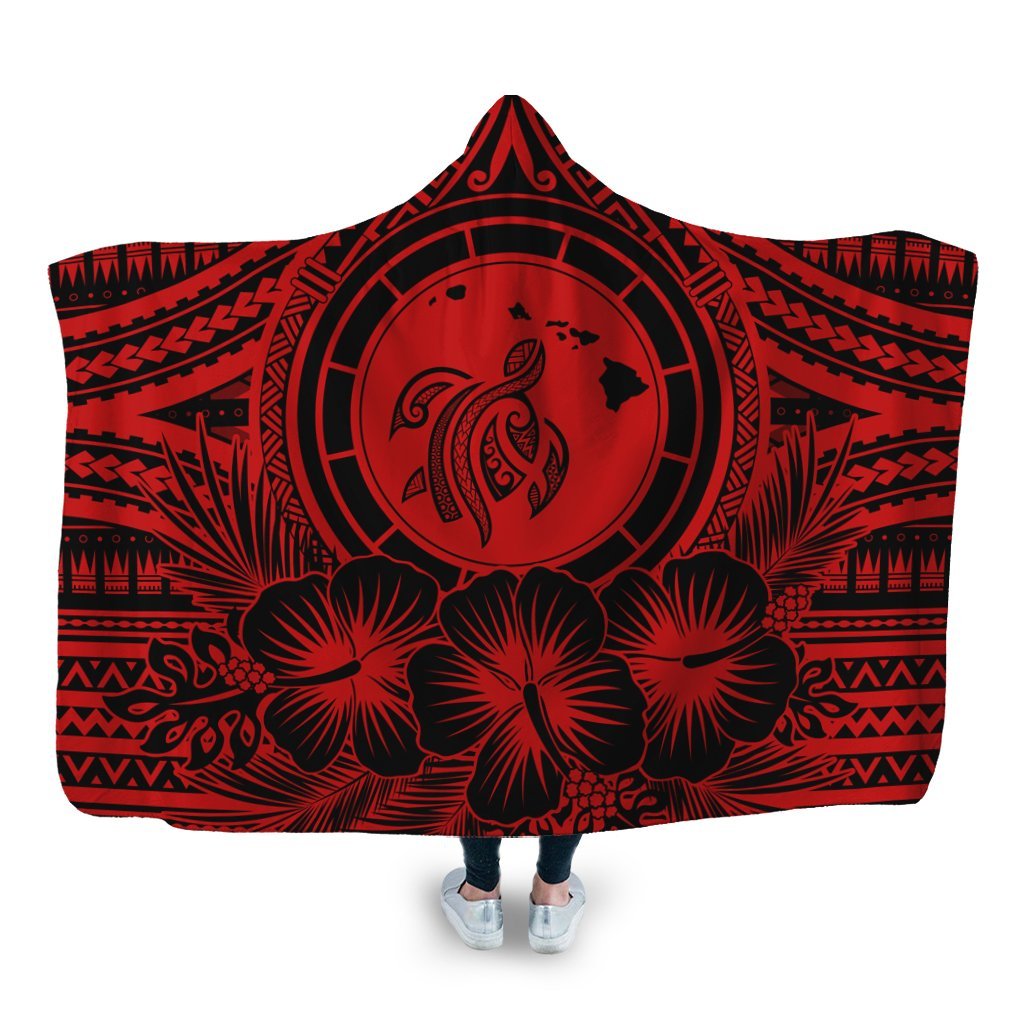 Hawaiian Map Honu Hibiscus Tropic Red Polynesian Hooded Blanket - AH Hooded Blanket White - Polynesian Pride