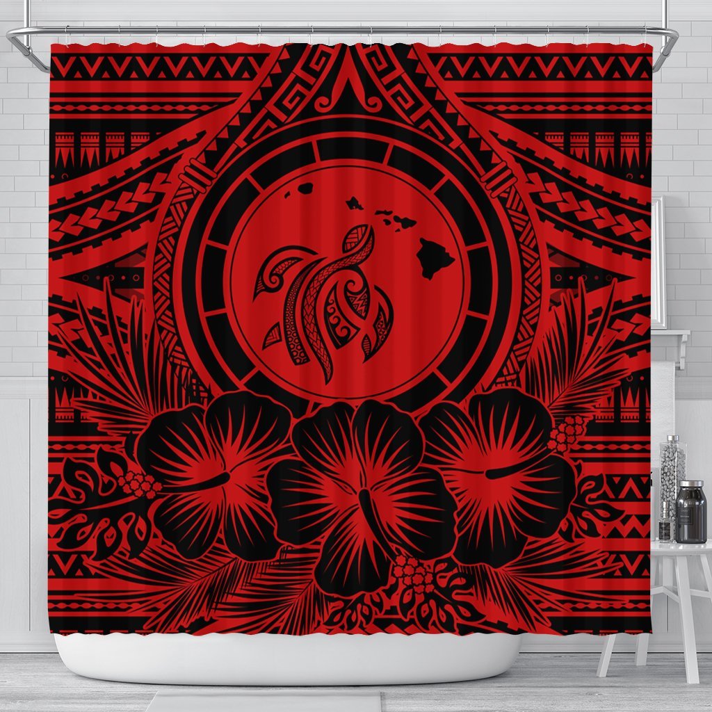 Hawaiian Map Honu Hibiscus Tropic Red Polynesian Shower Curtain - AH 177 x 172 (cm) Black - Polynesian Pride