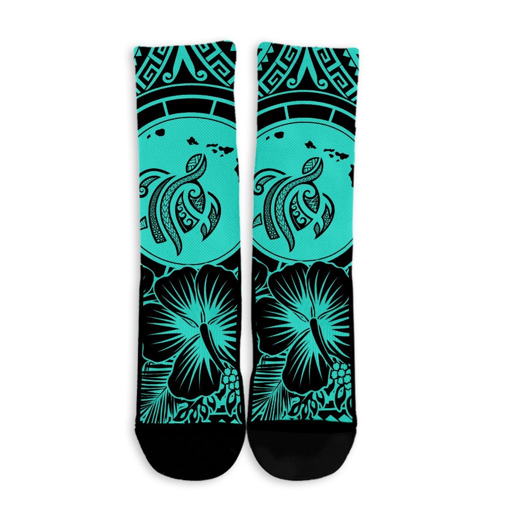 Hawaiian Map Honu Hibiscus Tropic Turquoise Polynesian Crew Socks - AH - Polynesian Pride