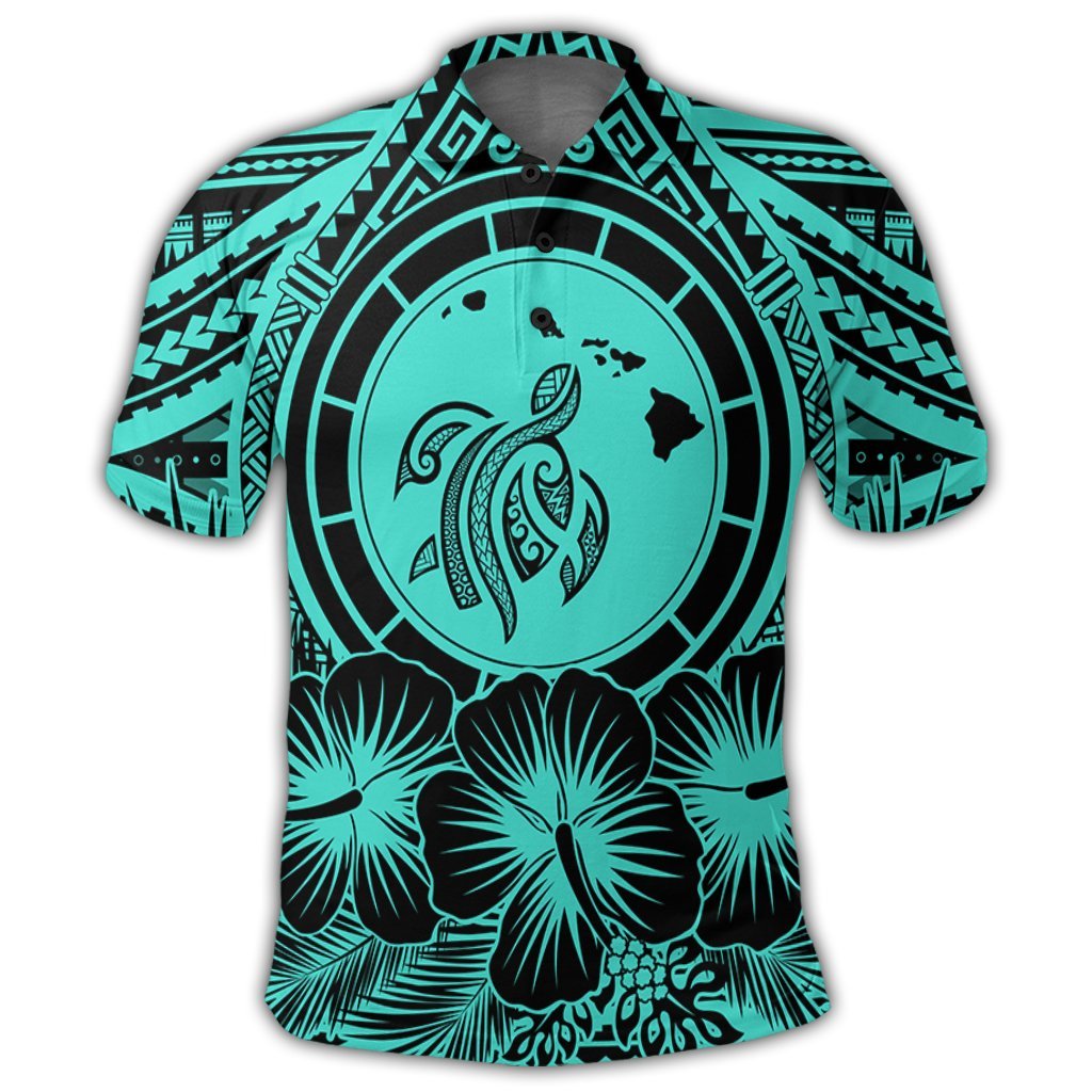 Hawaiian Map Honu Hibiscus Tropic Turquoise Polynesian Polo Shirt - Polynesian Pride