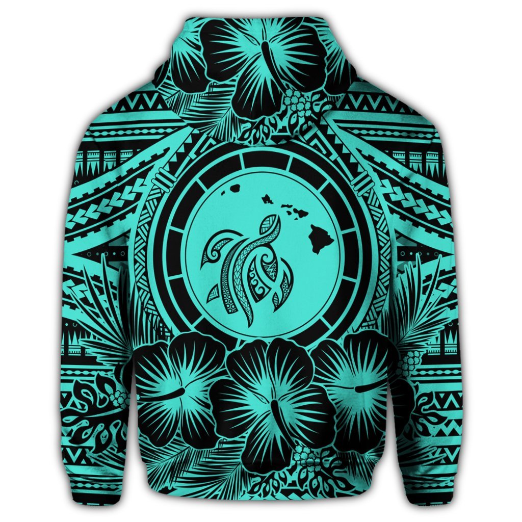 Hawaiian Map Honu Hibiscus Tropic Turquoise Polynesian Zip Hoodie - Polynesian Pride