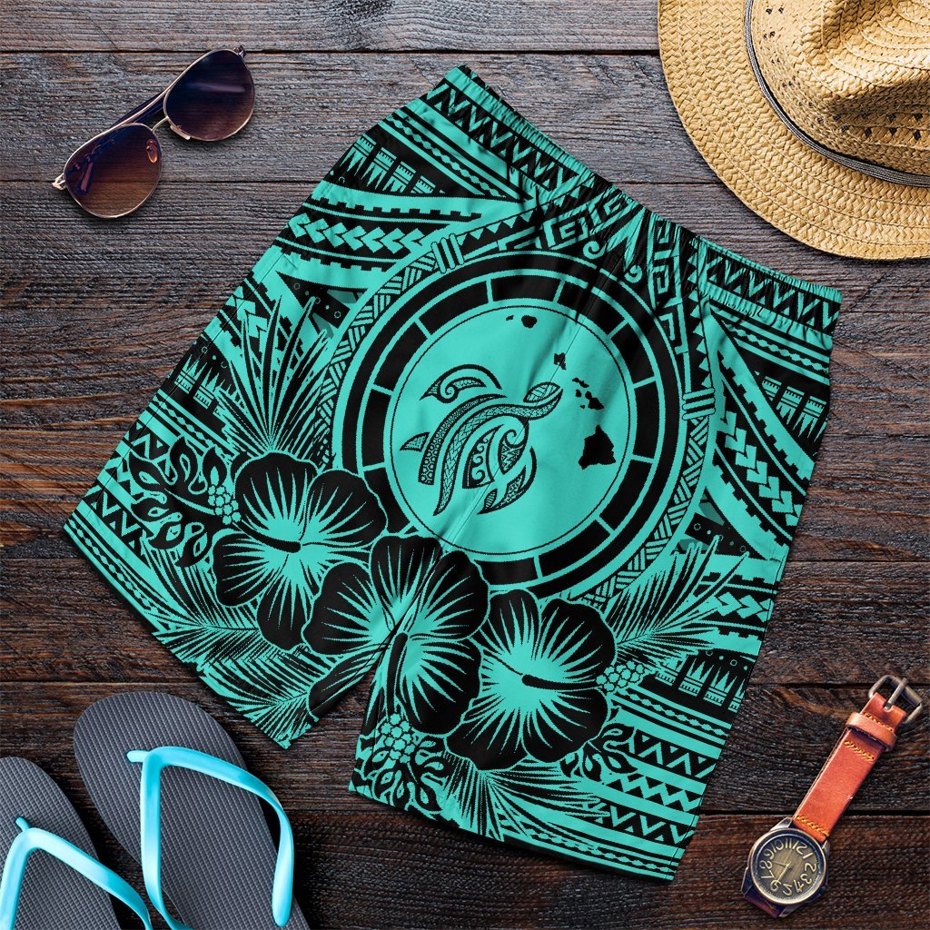 Hawaiian Map Honu Hibiscus Tropic Turquoise Polynesian Men's Shorts - AH Art - Polynesian Pride