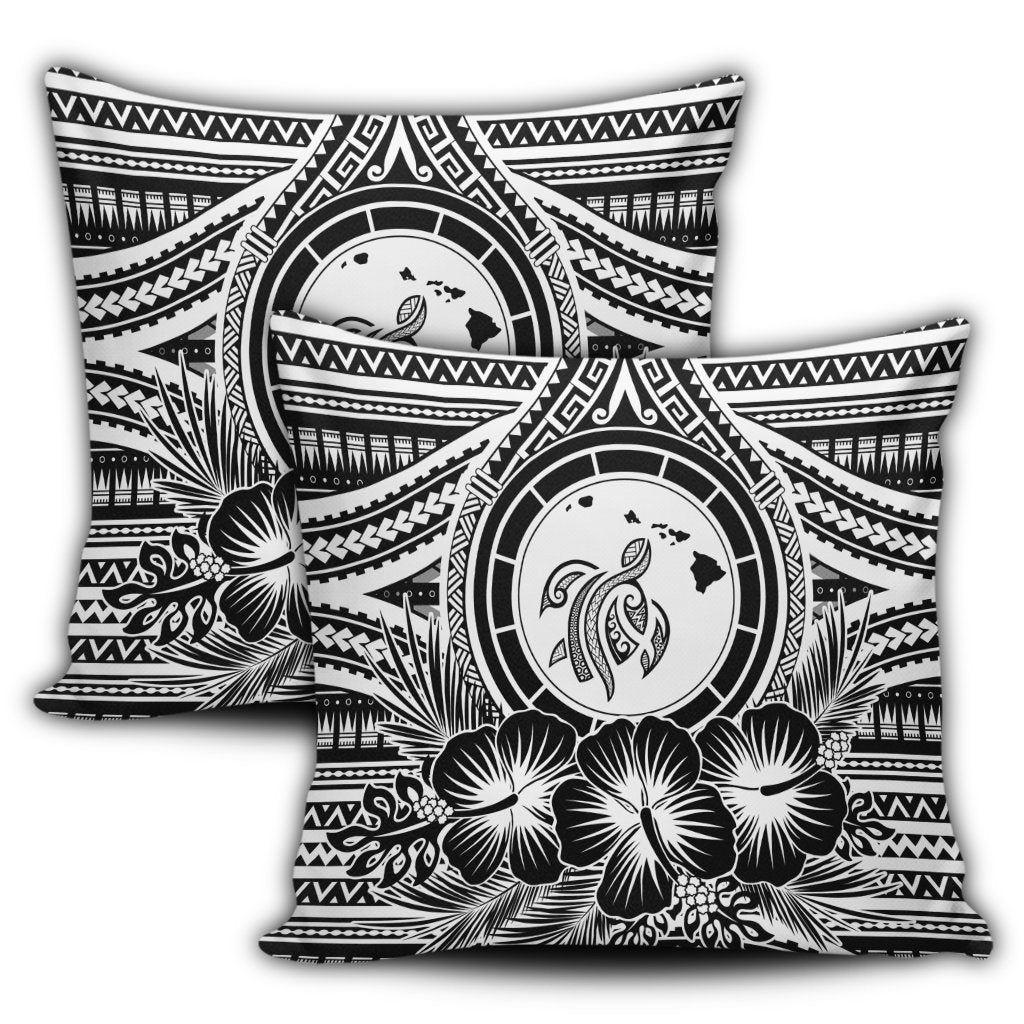 Hawaiian Map Honu Hibiscus Tropic White Polynesian Pillow Covers - AH - Polynesian Pride