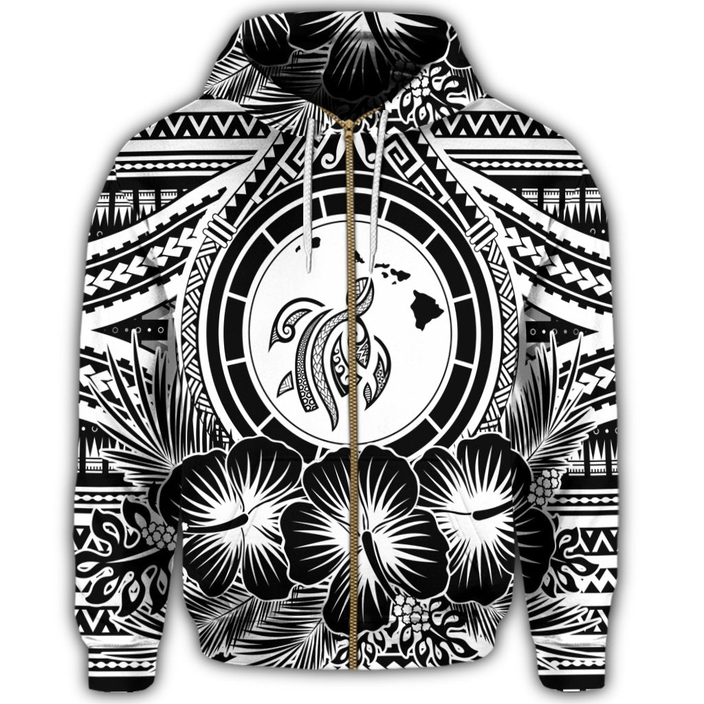 Hawaiian Map Honu Hibiscus Tropic White Polynesian Zip Hoodie - Polynesian Pride