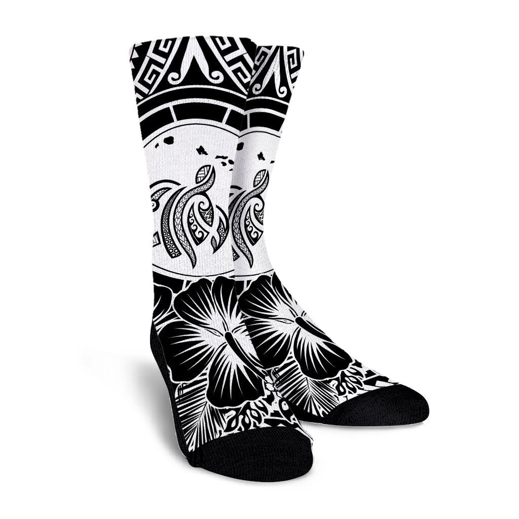Hawaiian Map Honu Hibiscus Tropic White Polynesian Crew Socks - AH - Polynesian Pride