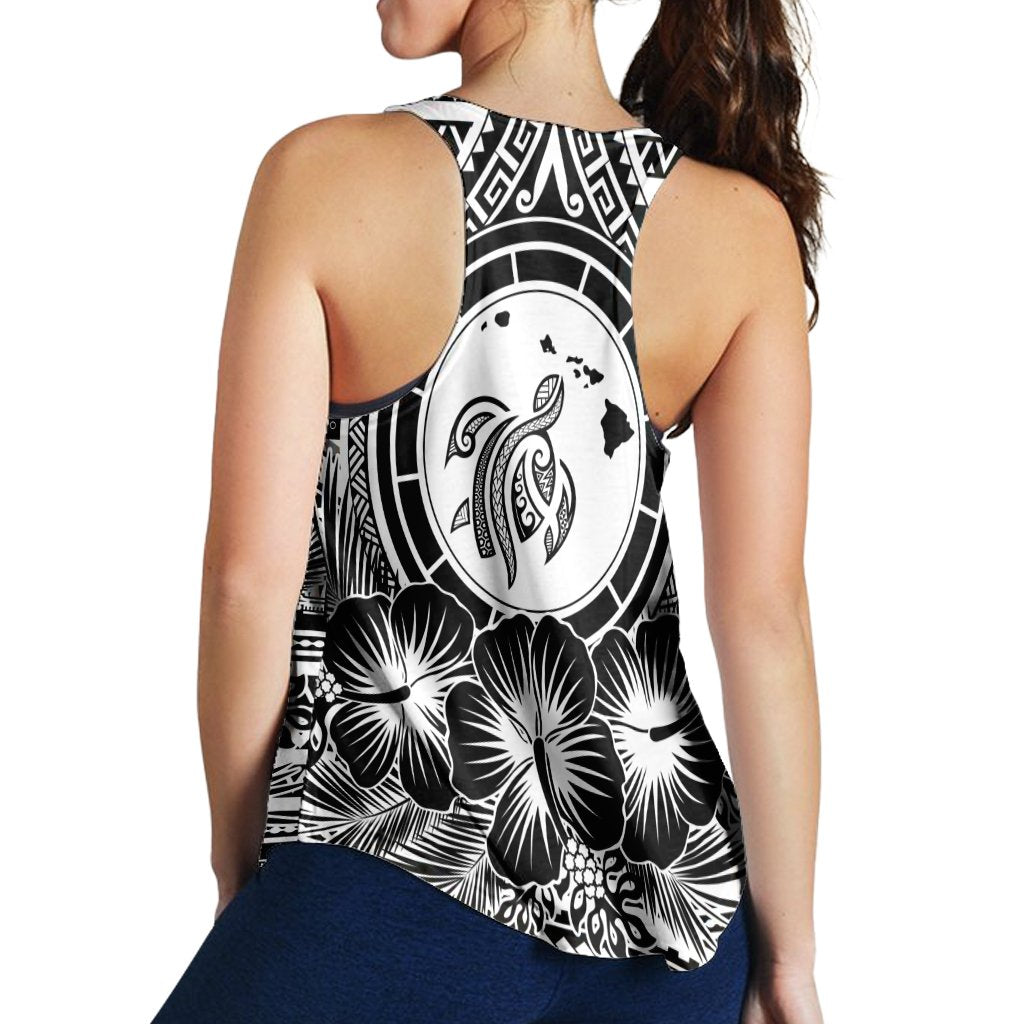 Hawaiian Map Honu Hibiscus Tropic White Polynesian Racerback Tank - AH - Polynesian Pride