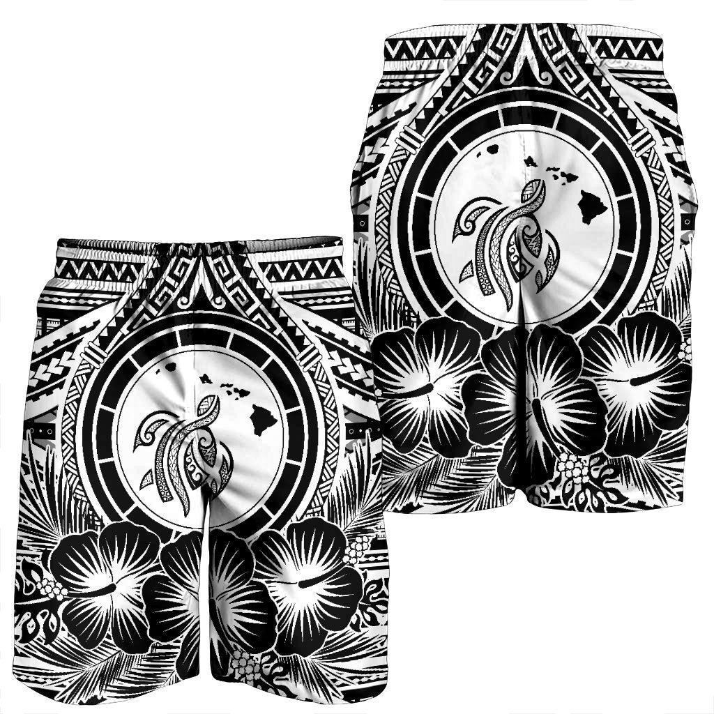 Hawaiian Map Honu Hibiscus Tropic White Polynesian Men's Shorts - AH - Polynesian Pride