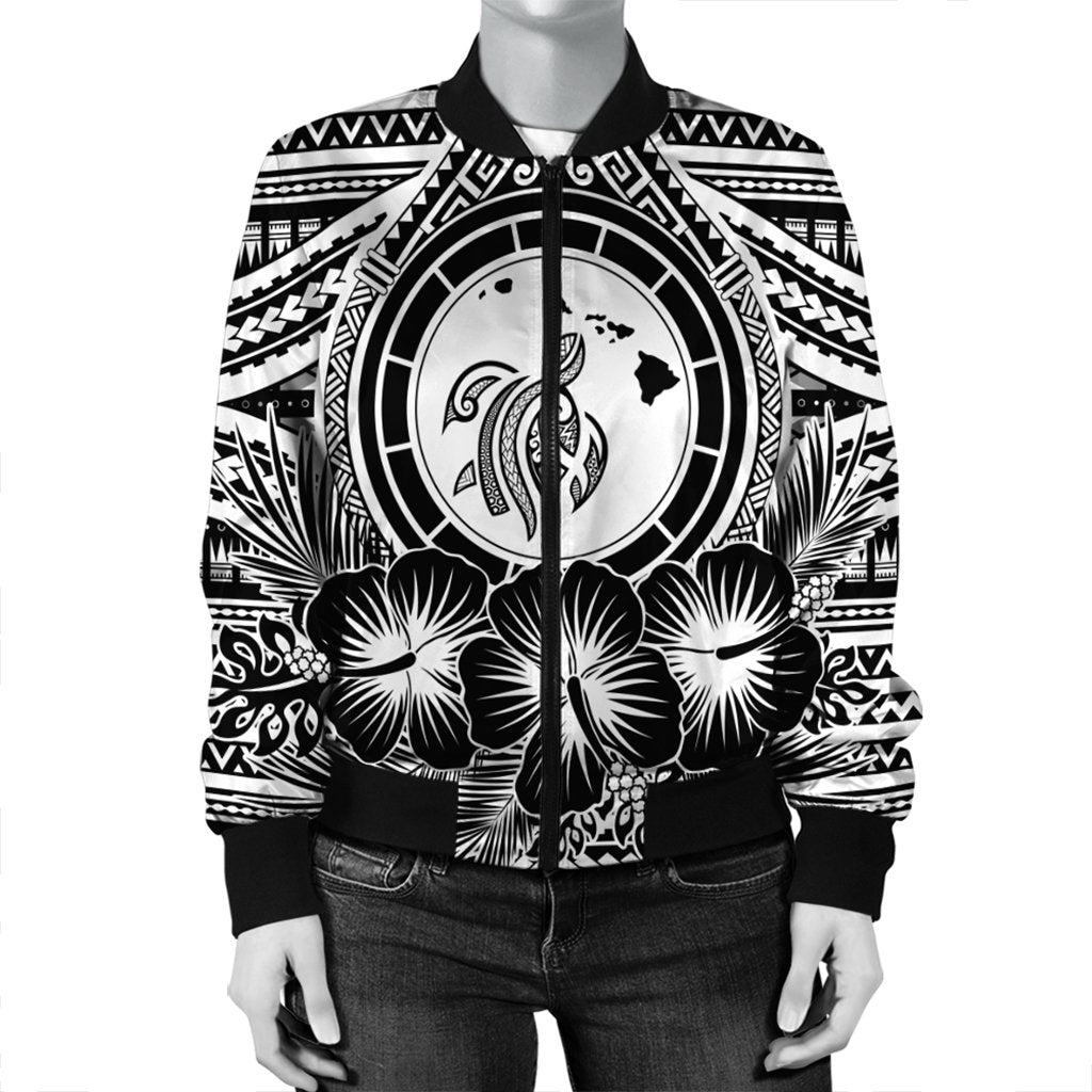 Hawaiian Map Honu Hibiscus Tropic White Polynesian Bomber Jacket - AH - Polynesian Pride