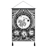 Hawaiian Map Honu Hibiscus Tropic White Polynesian Hanging Poster - AH Hanging Poster Cotton And Linen - Polynesian Pride