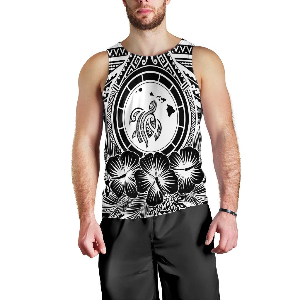 Hawaiian Map Honu Hibiscus Tropic White Polynesian Tank Top - AH Black - Polynesian Pride