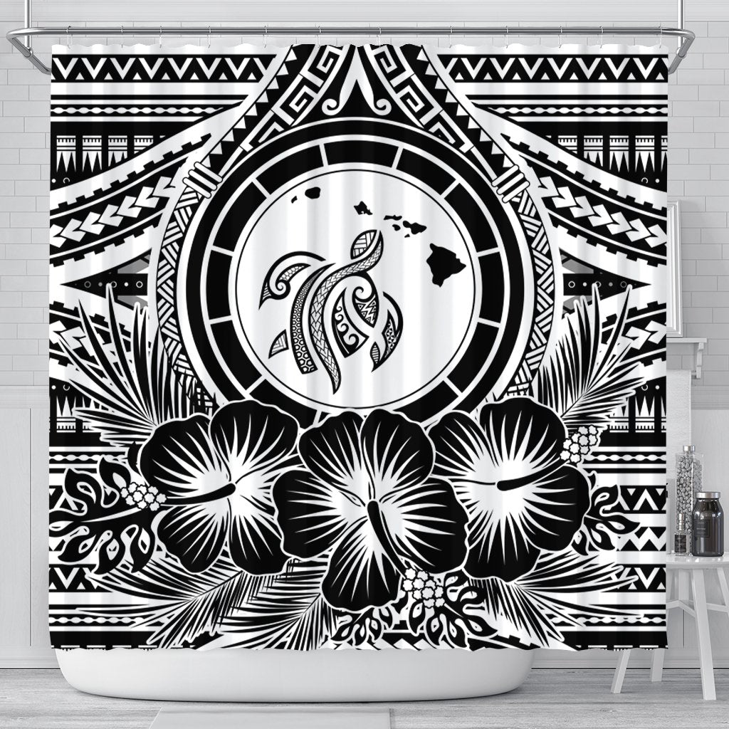 Hawaiian Map Honu Hibiscus Tropic White Polynesian Shower Curtain - AH 177 x 172 (cm) Black - Polynesian Pride