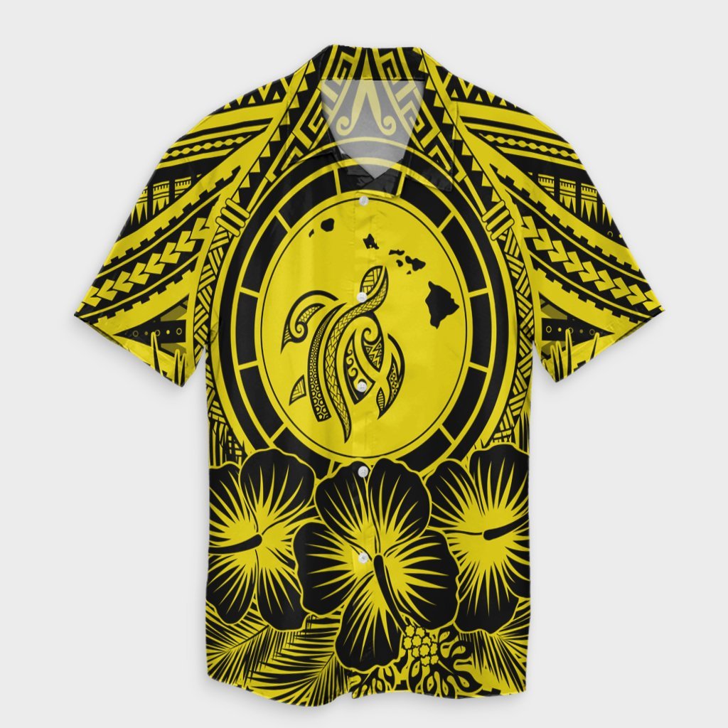 Hawaiian Map Honu Hibiscus Tropic Yellow Polynesian Hawaiian Shirt - AH Unisex Black - Polynesian Pride