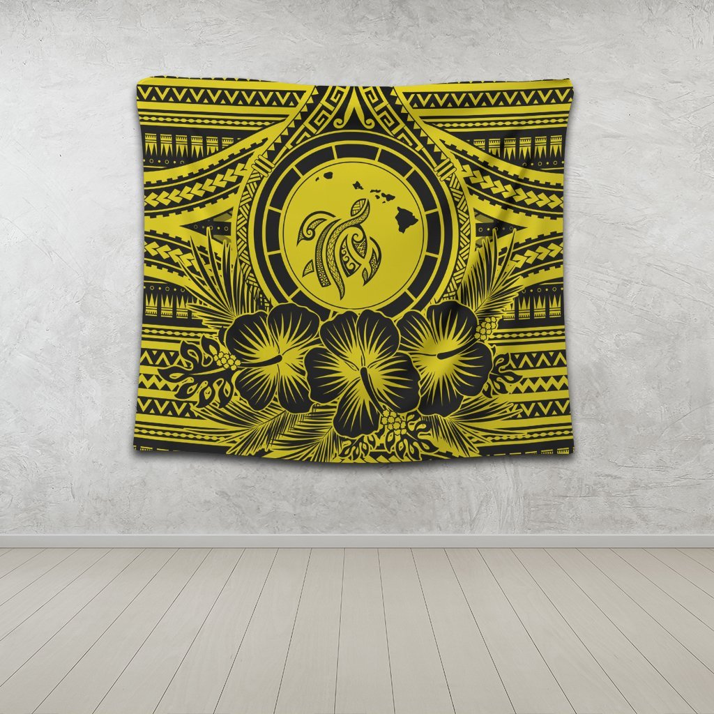 Hawaiian Map Honu Hibiscus Tropic Yellow Polynesian Tapestry - AH - Polynesian Pride