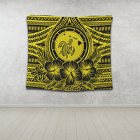Hawaiian Map Honu Hibiscus Tropic Yellow Polynesian Tapestry - AH - Polynesian Pride