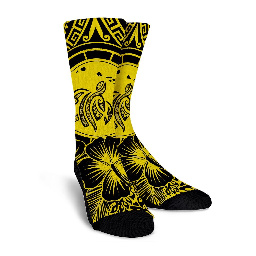 Hawaiian Map Honu Hibiscus Tropic Yellow Polynesian Crew Socks - AH - Polynesian Pride