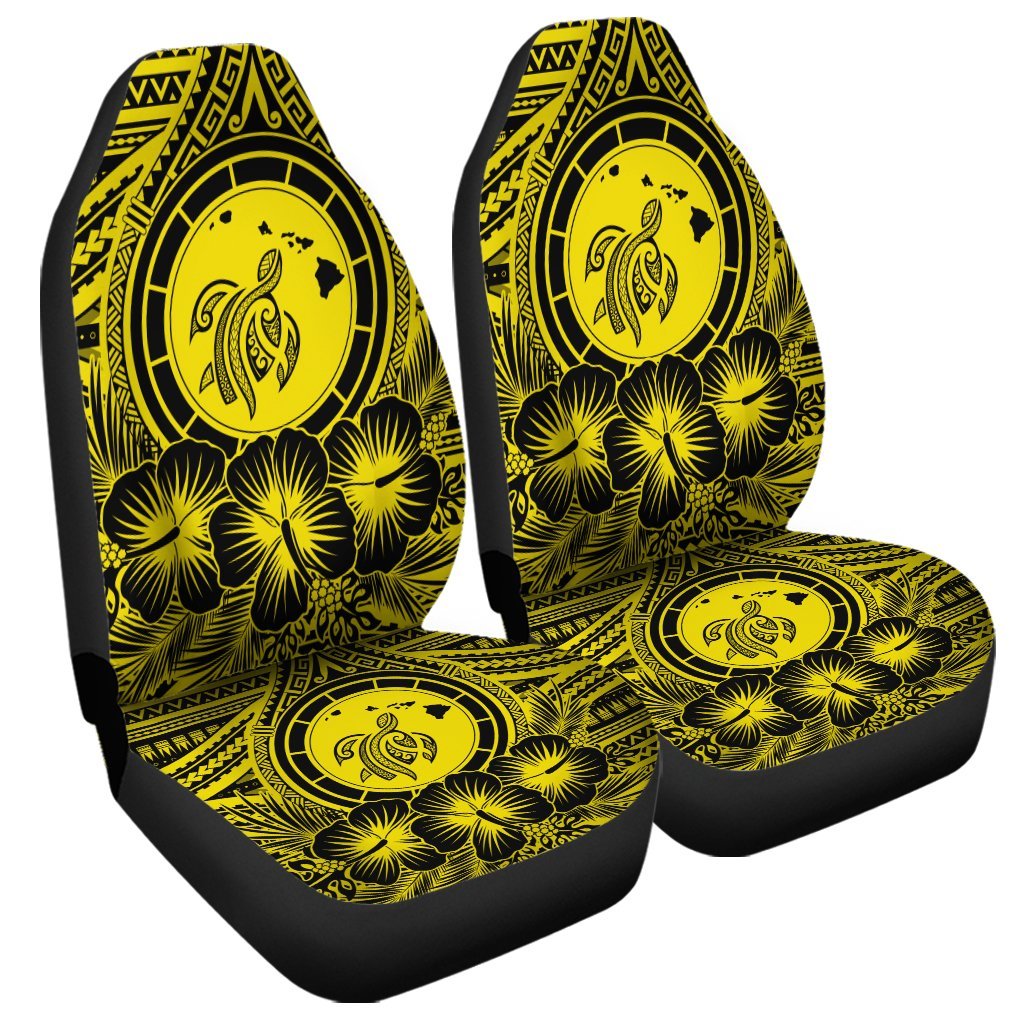 Hawaiian Map Honu Hibiscus Tropic Yellow Polynesian Car Seat Covers - AH Universal Fit Black - Polynesian Pride