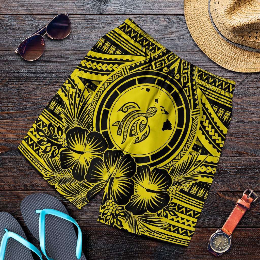 Hawaiian Map Honu Hibiscus Tropic Yellow Polynesian Men's Shorts - AH Art - Polynesian Pride