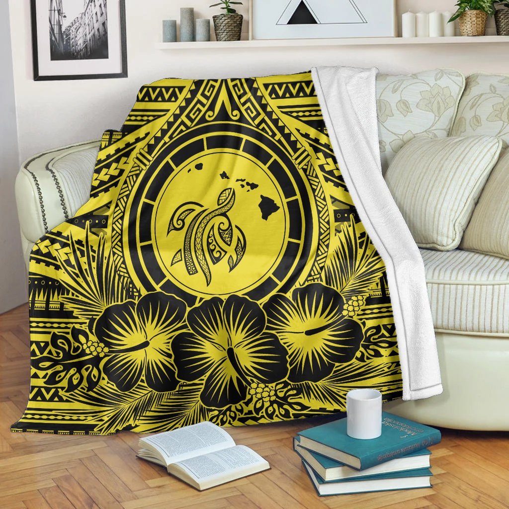 Hawaiian Map Honu Hibiscus Tropic Yellow Polynesian Premium Blankets - AH White - Polynesian Pride