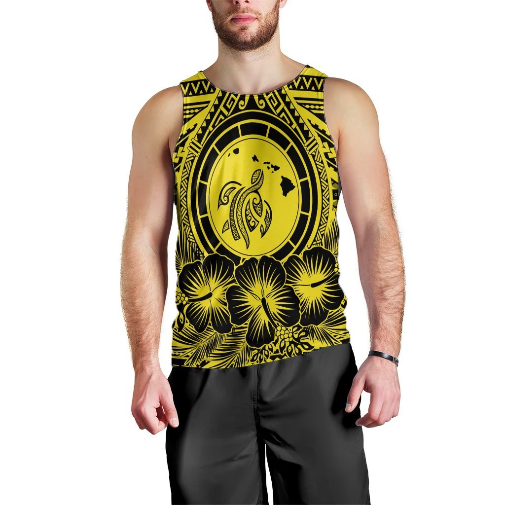 Hawaiian Map Honu Hibiscus Tropic Yellow Polynesian Tank Top - AH Black - Polynesian Pride