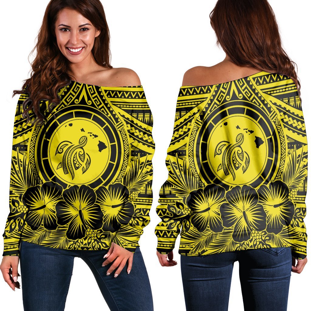 Hawaiian Map Honu Hibiscus Tropic Yellow Polynesian Women's Off Shoulder Sweater - AH Black - Polynesian Pride