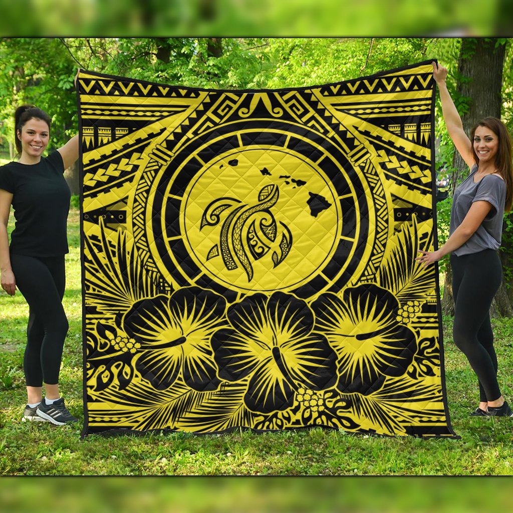 Hawaiian Map Honu Hibiscus Tropic Yellow Polynesian Premium Quilts - AH Black - Polynesian Pride