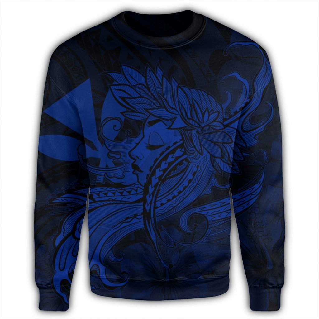 Hawaiian Map Hula Girl Hibiscus Kanaka Polynesian Sweatshirt - Blue - AH - Polynesian Pride
