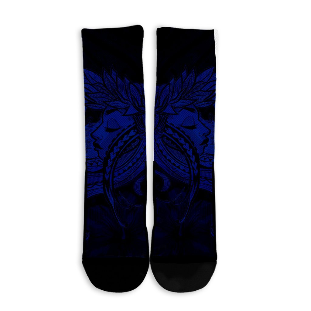 Hawaiian Map Hula Girl Hibiscus Kanaka Polynesian Crew Socks - Blue - AH - Polynesian Pride