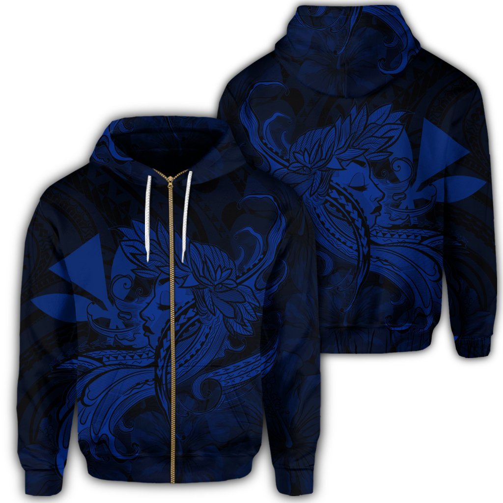Hawaiian Map Hula Girl Hibiscus Kanaka Polynesian Zip Hoodie Blue Unisex Art - Polynesian Pride