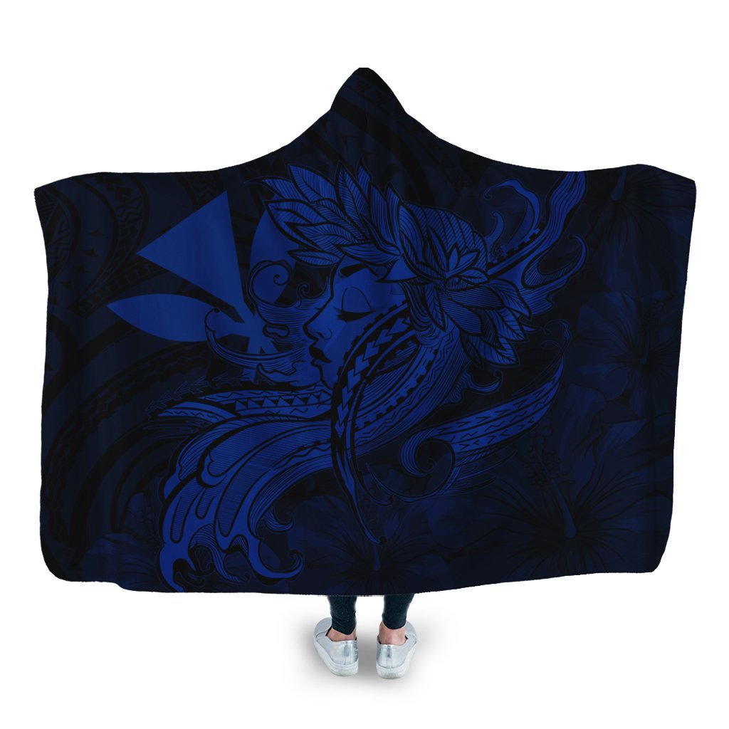 Hawaiian Map Hula Girl Hibiscus Kanaka Polynesian Hooded Blanket - Blue - AH Hooded Blanket White - Polynesian Pride