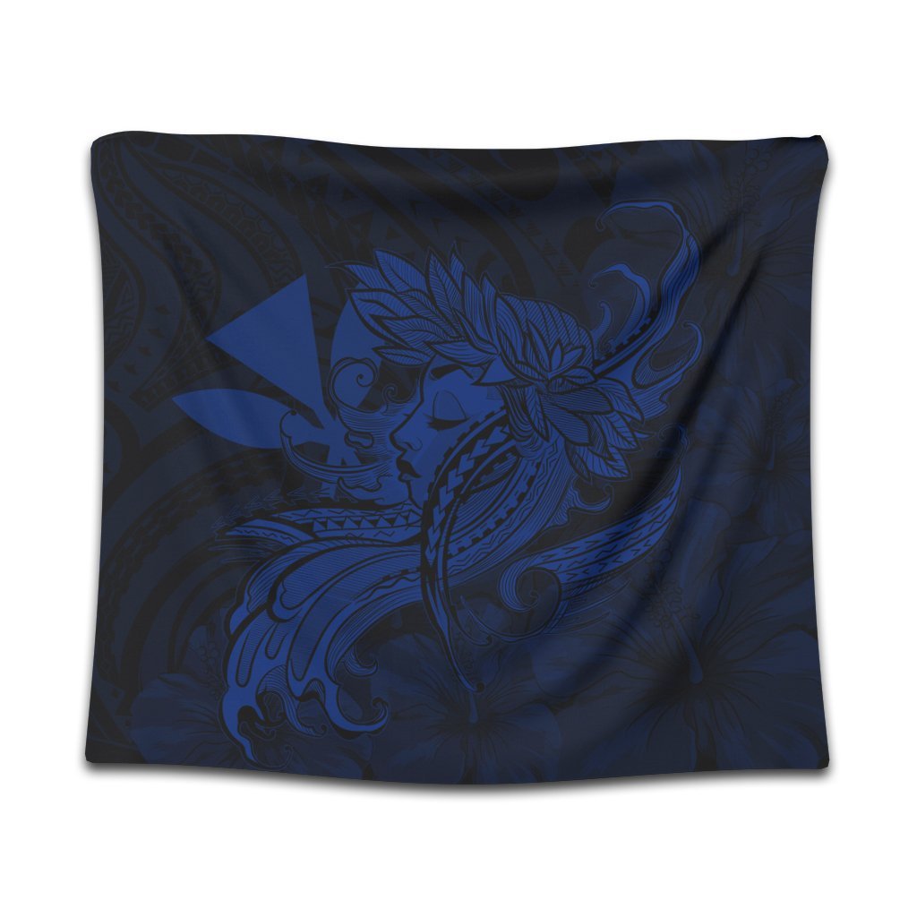 Hawaiian Map Hula Girl Hibiscus Kanaka Polynesian Tapestry - Blue - AH Wall Tapestry Black - Polynesian Pride