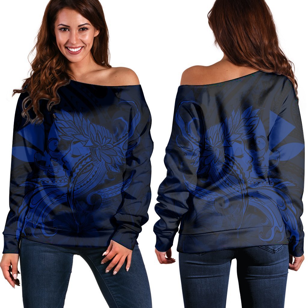 Hawaiian Map Hula Girl Hibiscus Kanaka Polynesian Women's Off Shoulder Sweater - Blue - AH Black - Polynesian Pride