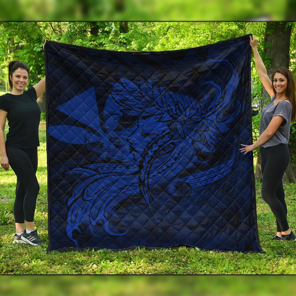 Hawaiian Map Hula Girl Hibiscus Kanaka Polynesian Premium Quilts - Blue - AH Black - Polynesian Pride