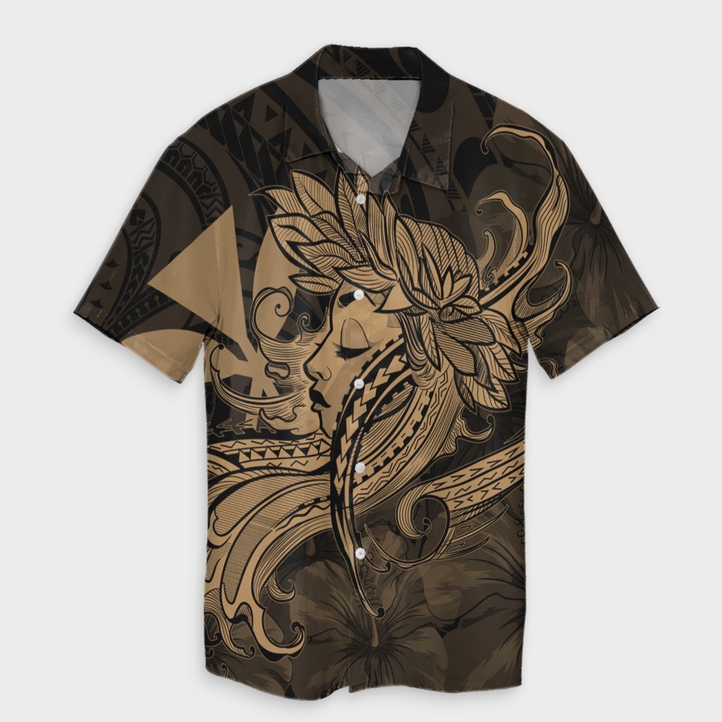 Hawaiian Map Hula Girl Hibiscus Kanaka Polynesian Hawaiian Shirt - Gold - AH Unisex Black - Polynesian Pride