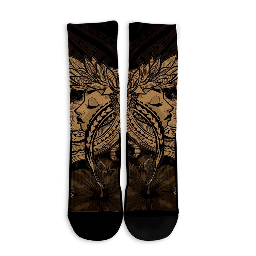 Hawaiian Map Hula Girl Hibiscus Kanaka Polynesian Crew Socks - Gold - AH - Polynesian Pride