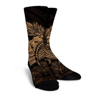 Hawaiian Map Hula Girl Hibiscus Kanaka Polynesian Crew Socks - Gold - AH - Polynesian Pride