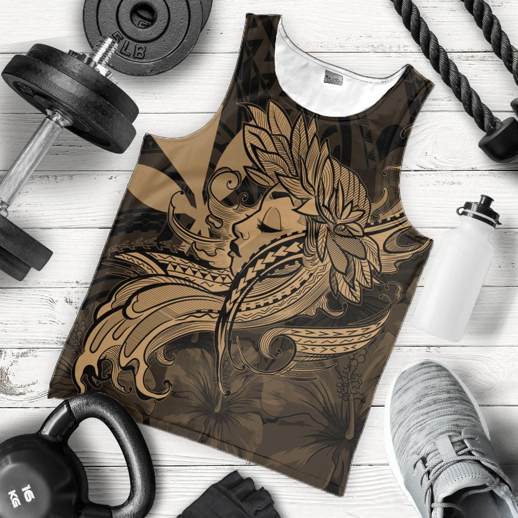 Hawaiian Map Hula Girl Hibiscus Kanaka Polynesian Tank Top - Gold - AH - Polynesian Pride