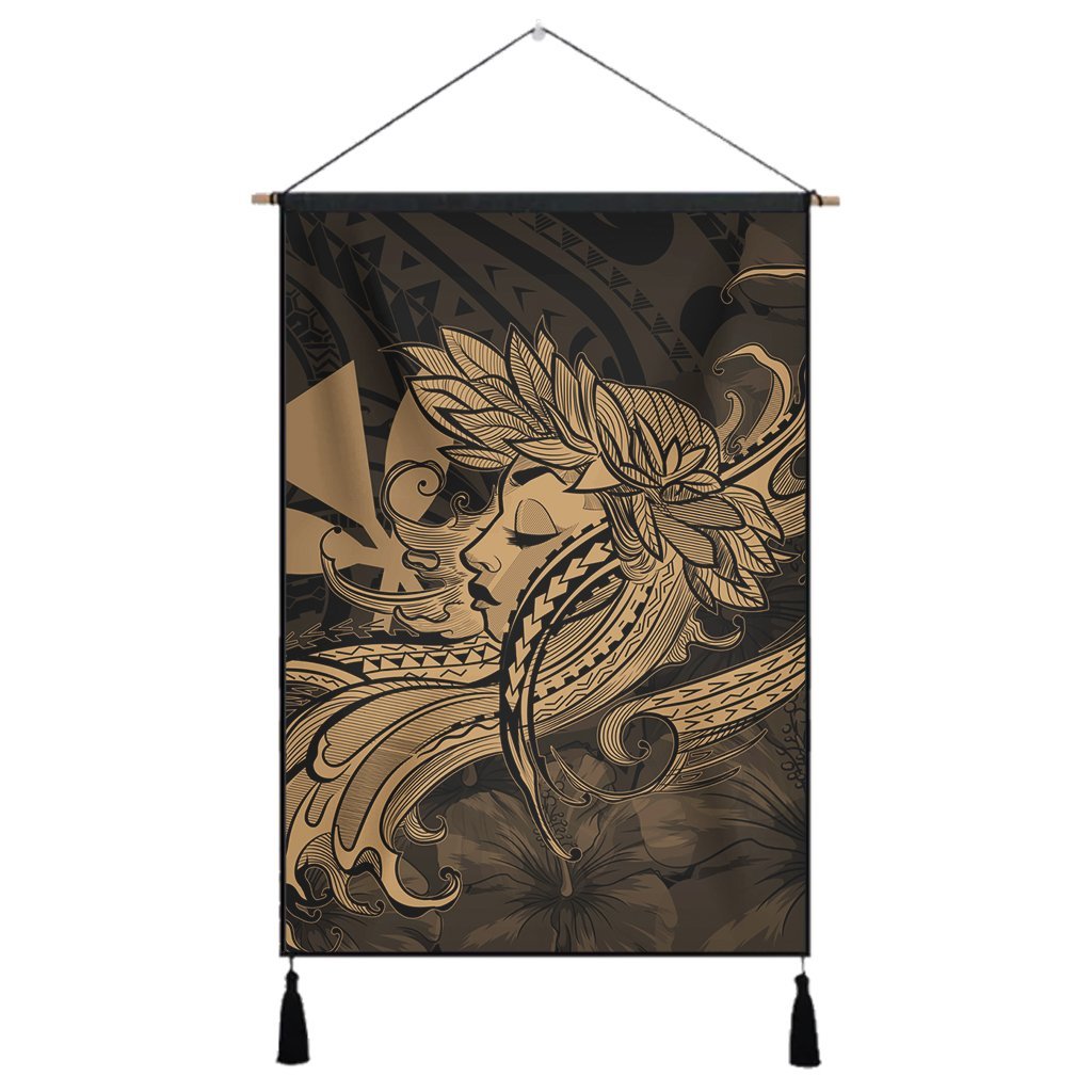 Hawaiian Map Hula Girl Hibiscus Kanaka Polynesian Hanging Poster - Gold - AH Hanging Poster Cotton And Linen - Polynesian Pride